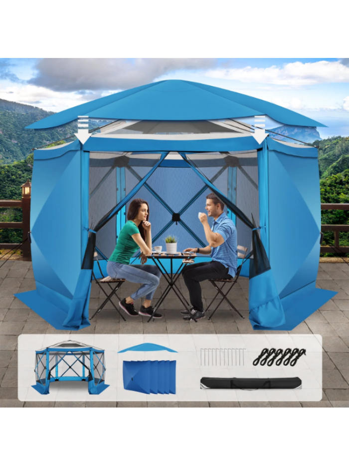 SANOPY 12'x12' Pop up Gazebo with Starry Sky Covered Gazebo 6-Sided Mosquito Netting and Sidewalls Pop up Screen Gazebo Tent for Deck and Lawns, Blue