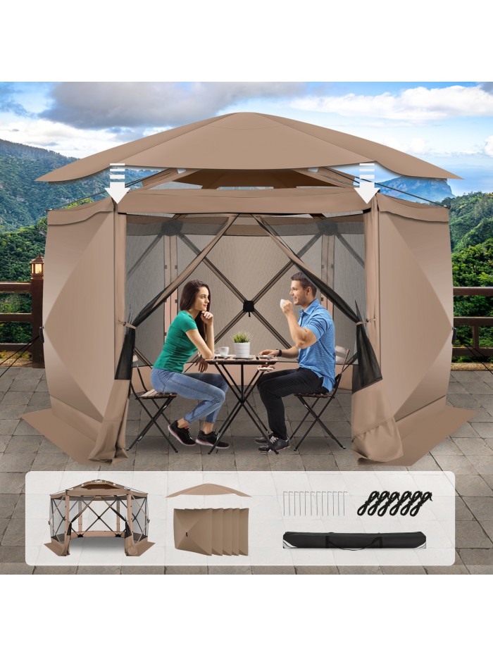SANOPY 12'x12' Pop up Gazebo with Starry Sky Covered Gazebo 6-Sided Mosquito Netting and Sidewalls Pop up Screen Gazebo Tent for Deck and Lawns, Khaki