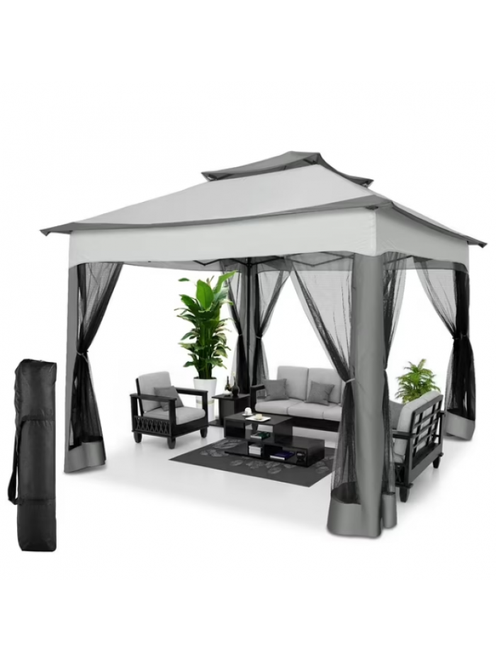 SANOPY 11 x 11 ft Outdoor Patio Gazebo with Ventilated Double Roof and Mosquito Net, Pop up Steel Canopy for Patios, Backyard, Garden and Beac