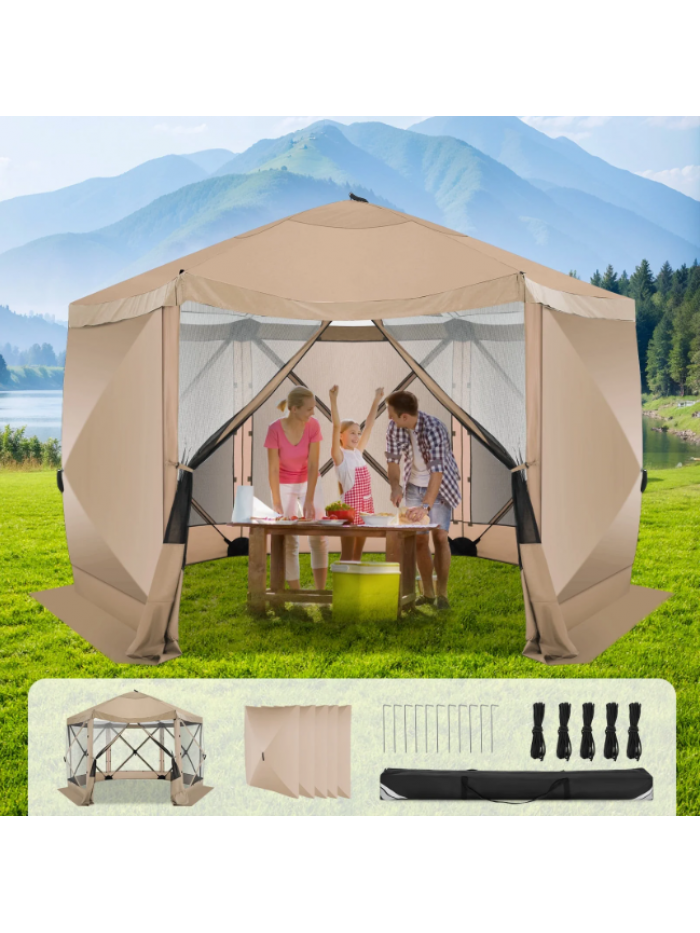 SANOPY 12x12ft Outdoor Gazebo Screen Tent, Pop up Gazebo Camping Gazebo Canopy Tent with 6 Sided Mosquito Netting Instant Gazebo Canopy Tent, Khaki